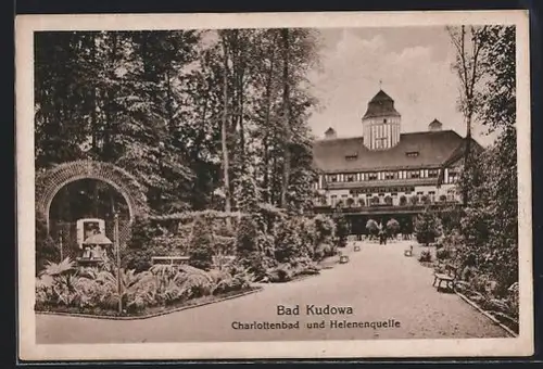 Mini-AK Bad Kudowa, Charlottenbad und Helenenquelle mit Gartenanlagen
