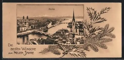 Mini-AK Zürich, Teilansicht des Ortes mit Umgebung und Stechpalmen im Passepartout