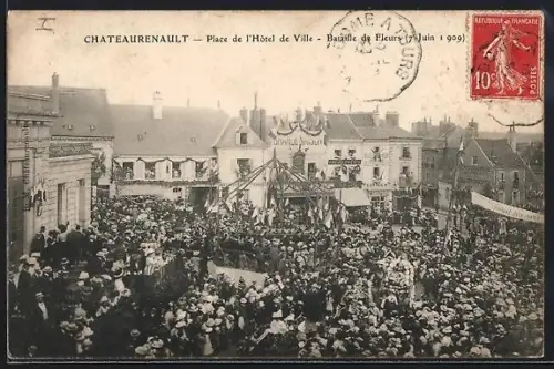 AK Châteaurenault, Place de l`Hôtel de Ville, Bataille de Fleurs, 7 juin 1909