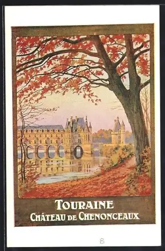 AK Chenonceaux, Château de Chenonceaux en automne avec reflets sur le Cher