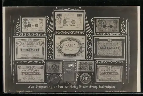 AK Französische Geldscheine, Weltkrieg 1914-16