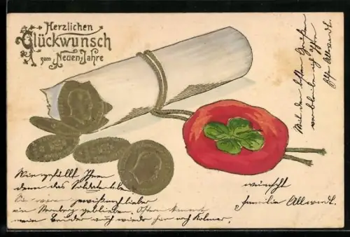 Präge-AK Rolle mit Geldmünzen und Siegel, Neujahrsgruss