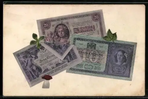AK Österreich-Ungarn, Geldscheine, Kleeblatt und Fliegenpilz