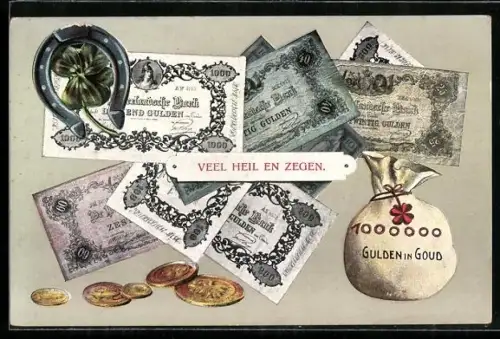 AK Sack voller Geld, niederländische Banknoten und Münzen, Kleeblatt mit Hufeisen