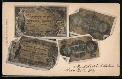 AK Geldschein, Schweizerische Banknoten 1000 Franken Kantonalbank von Bern