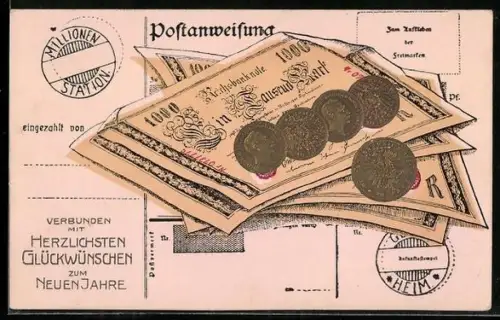 AK Geldscheine- und Münzen, Neujahrsgruss