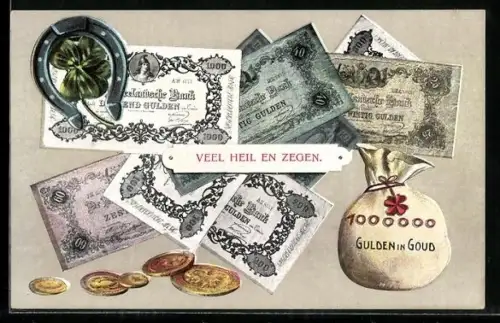 AK Sack voller Geld, niederländische Banknoten und Münzen, Kleeblatt mit Hufeisen