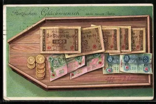 Präge-AK Geldscheine- und Münzen, Neujahrsgruss