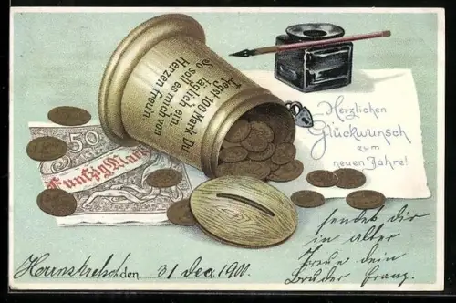 AK Spardose mit Geldmünzen, Tintenfass und Geldschein