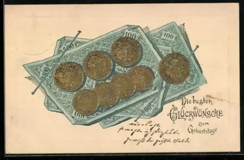 Präge-AK Geldscheine- und Münzen, Geburtstagsgruss