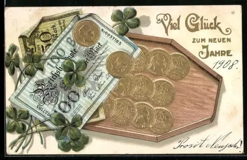 AK Geldscheine- und Münzen mit Kleeblättern, Neujahrsgruss