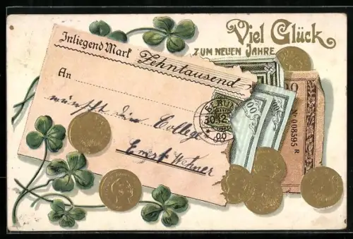 AK Geldscheine- und Münzen mit Kleeblättern, Neujahrsgruss