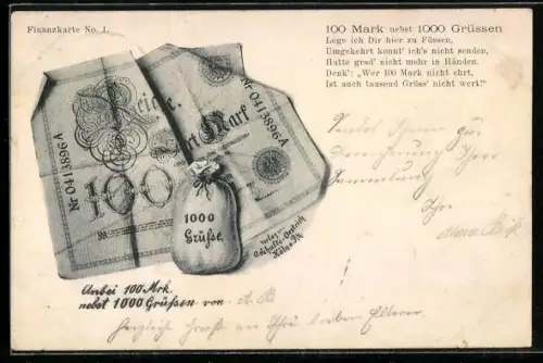 AK Geldschein über hundert Mark und Geldsack