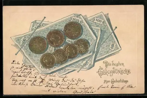 Präge-AK Geldscheine- und Münzen, Geburtstagsgruss