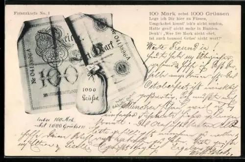 AK Geldschein über hundert Mark und Geldsack