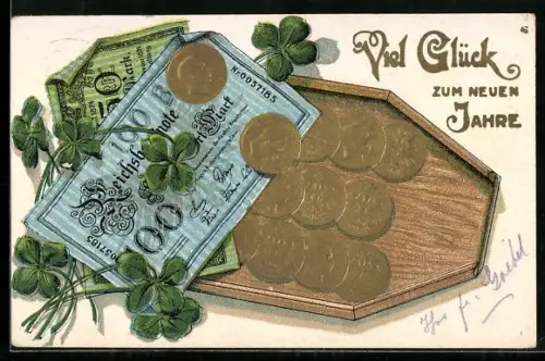 Präge-AK Geldscheine- und Münzen auf Tablett, Neujahrsgruss