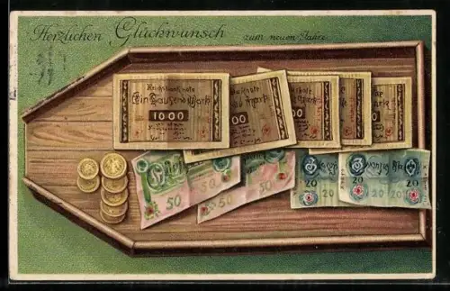 AK Geldscheine- und Münzen auf Tablett, Neujahrsgruss