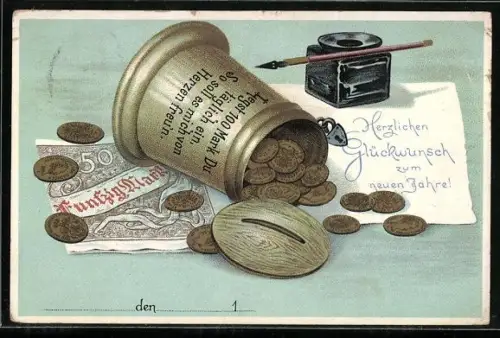 AK Spardose mit Geldmünzen- und Schein, Neujahrsgruss