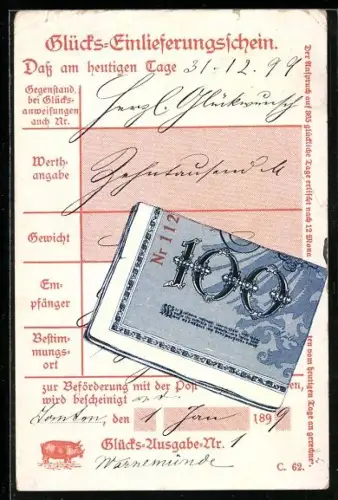 AK Geldschein über 100 Reichsmark, Glücks-Einlieferungsschein