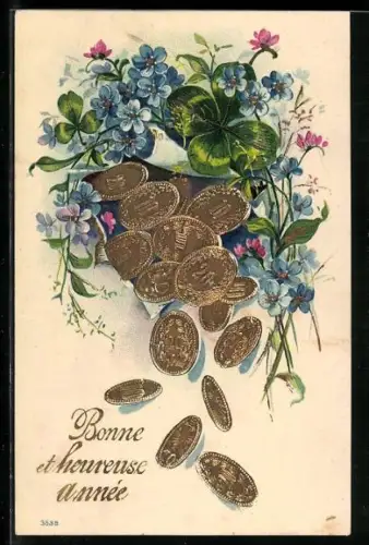 Präge-AK Vergissmeinnicht, Kleeblätter und Geldmünzen