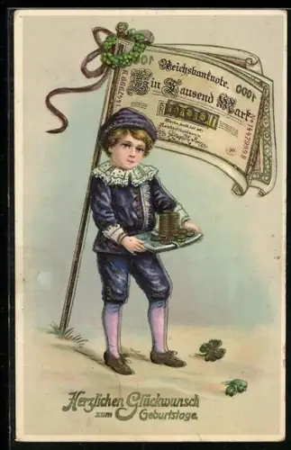 AK Kind mit einem Tablett mit Münzen unter einem Tausend Reichsmark-Banner