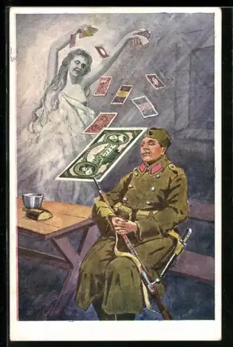 AK Schlafender Soldat wird von einer ätherischen Frau mit Geldscheinen beworfen