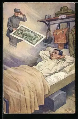 AK tschechischer Soldat im Bett träumt von einer Geldspende