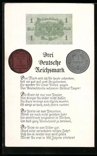 AK Drei Deutsche Reichsmark, Darlehenskassenschein, Münzen & Gedicht