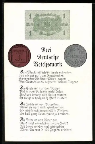 AK Drei Deutsche Reichsmark, Darlehenskassenschein, Münzen & Gedicht