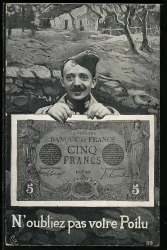 AK Soldat zeigt eine französische Banknote