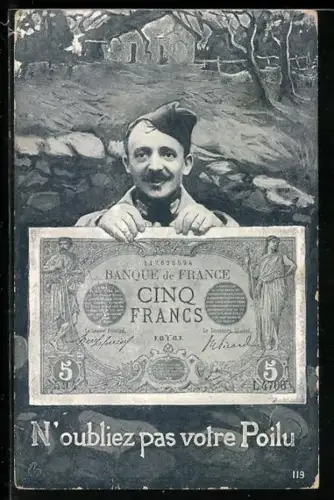 AK Soldat zeigt eine französische Banknote