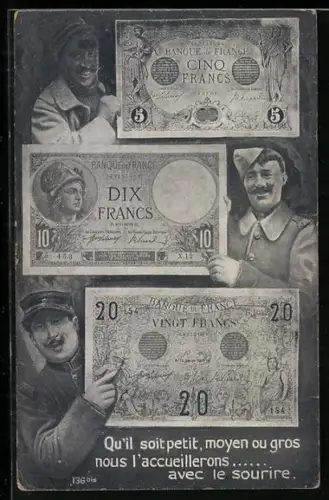AK Männer mit Schnurrbart und Fünf-, Zehn- und Zwanzig Francs-Scheinen