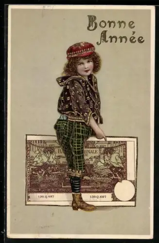 AK Kind mit goldenen Akzenten reitet auf einem Geldschein