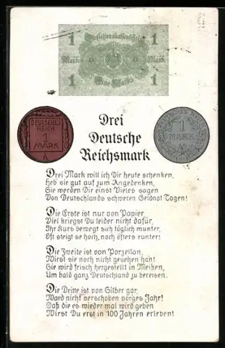 AK Drei Deutsche Reichsmark, Darlehenskassenschein, Münzen & Gedicht
