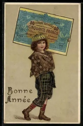 AK Kind mit Fünfzig Francs-Schein auf den Schultern