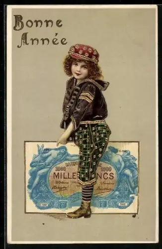 AK Kind reitet auf einer Eintausend Francs-Note