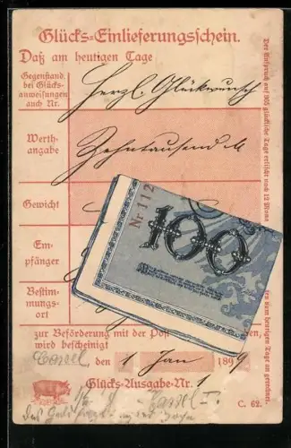 AK Geldschein über 100 Reichsmark, Glücks-Einlieferungsschein