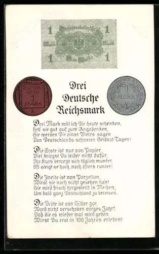 AK Drei Deutsche Reichsmark, Darlehenskassenschein, Münzen & Gedicht