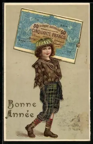 AK Kind mit einem Fünfzig Francs-Schein auf der Schulter