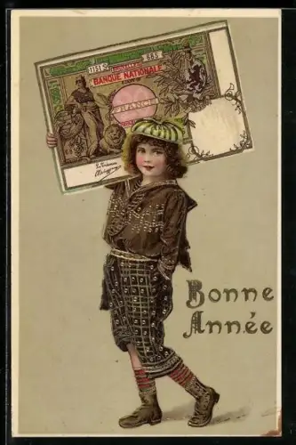 AK Kind mit einem belgischen Geldschein auf der Schulter