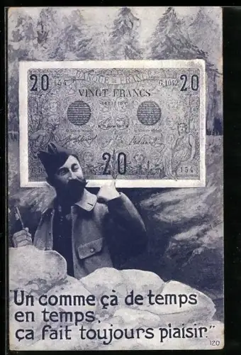 AK Soldat mit Schnurrbart vor einem grossen Zwanzig Francs-Schein
