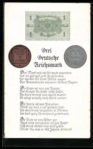 AK Drei Deutsche Reichsmark, Darlehenskassenschein, Münzen & Gedicht