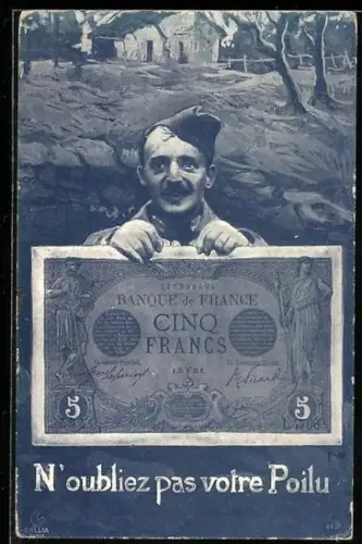 AK Soldat mit Schnurrbart und einem übergrossen Fünf Francs-Schein