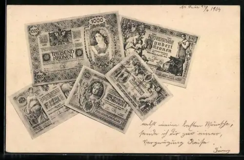 AK Österreich-Ungarische Geldscheine, Tausend, Hundert und Zwanzig Kronen