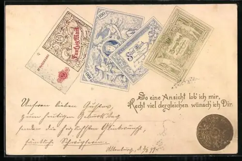 AK Geldscheine, Fünfzig Mark, Fünf Mark und Zwanzig Mark