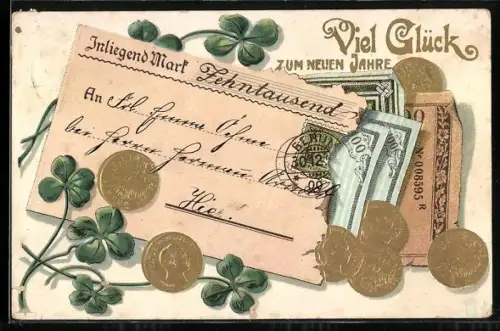 Präge-AK Umschlag mit Geldscheinen, Geldmünzen und Kleeblätter