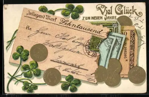 AK Neujahrsgruss, Geldsendung und Glücksklee, Müntzen und Gelschein