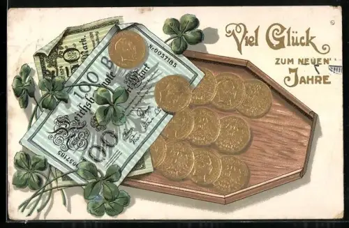 Präge-AK Reichsbanknote 100 Mark, Kleeblätter und Münzen