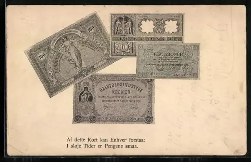 AK Dänische Geldscheine, Fünf, Zehn, Fünfzig und Hundert Kronen