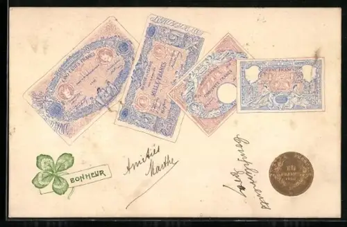 AK Französische Geldscheine, Münze und Kleeblatt